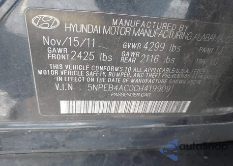 2012 Hyundai Sonata Gls from USA, damaged, VIN 5NPEB4AC0CH419909